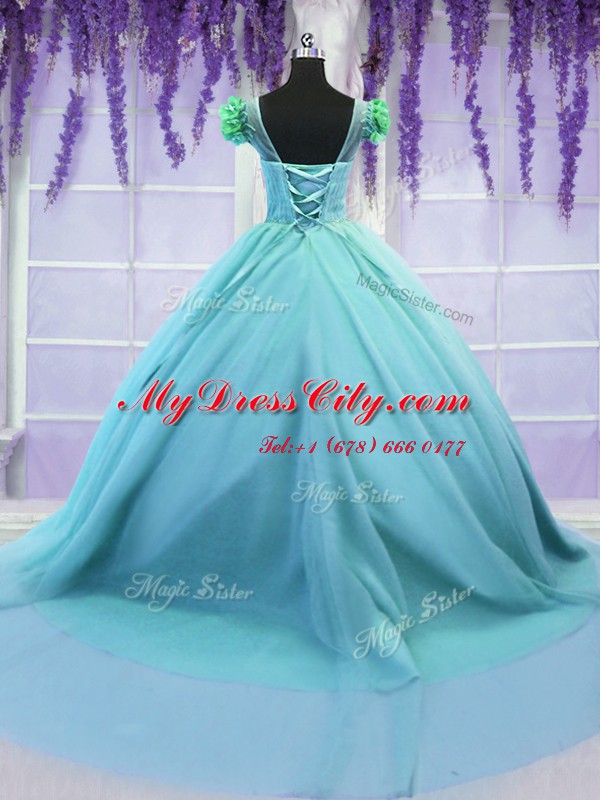 Scoop Ball Gowns Short Sleeves Blue 15th Birthday Dress Court Train Lace Up