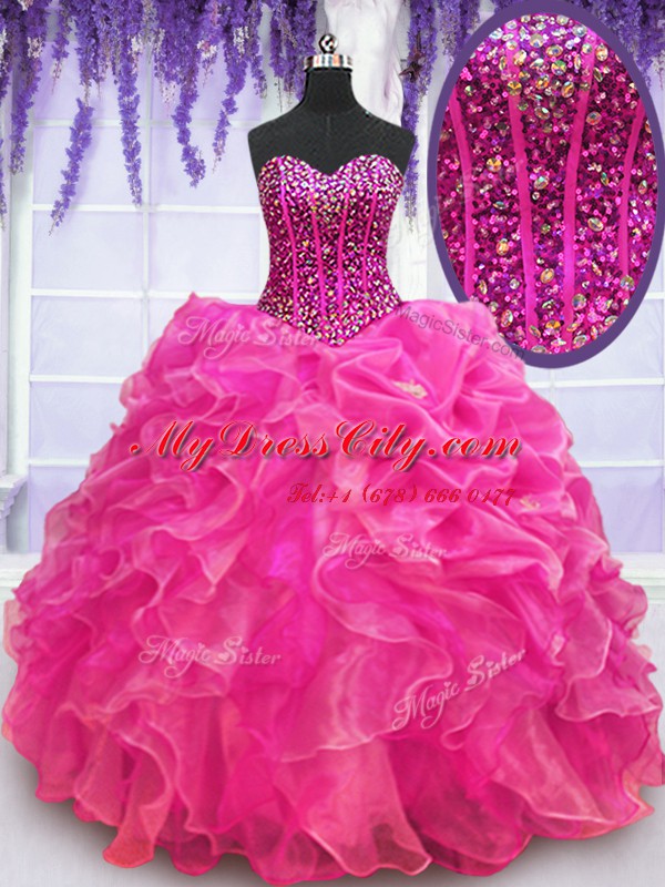 High Class Hot Pink Sleeveless Floor Length Beading and Ruffles Lace Up Ball Gown Prom Dress