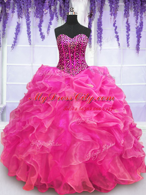 High Class Hot Pink Sleeveless Floor Length Beading and Ruffles Lace Up Ball Gown Prom Dress