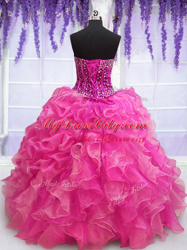 High Class Hot Pink Sleeveless Floor Length Beading and Ruffles Lace Up Ball Gown Prom Dress