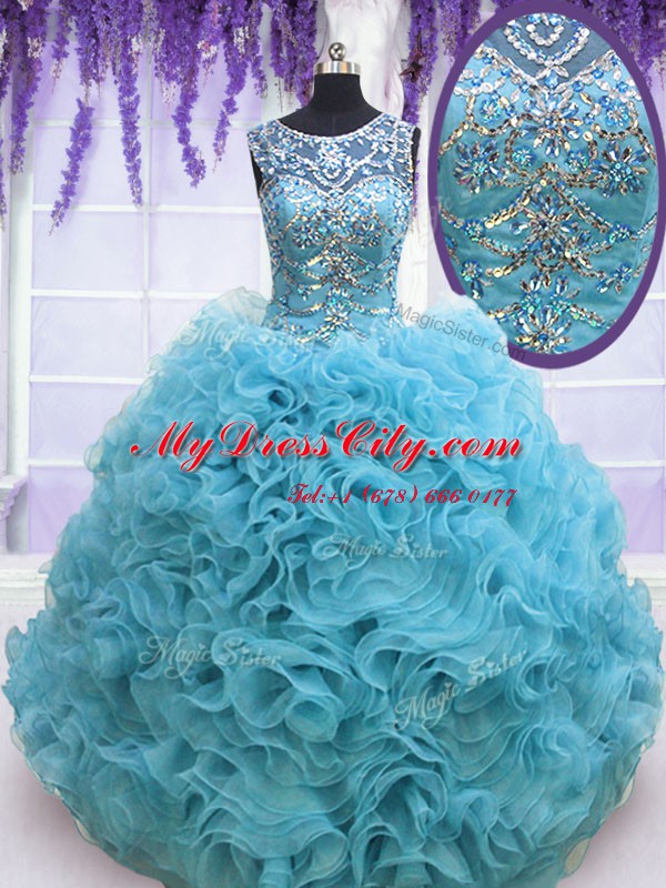 Custom Made Square Sleeveless Lace Up 15 Quinceanera Dress Baby Blue Organza