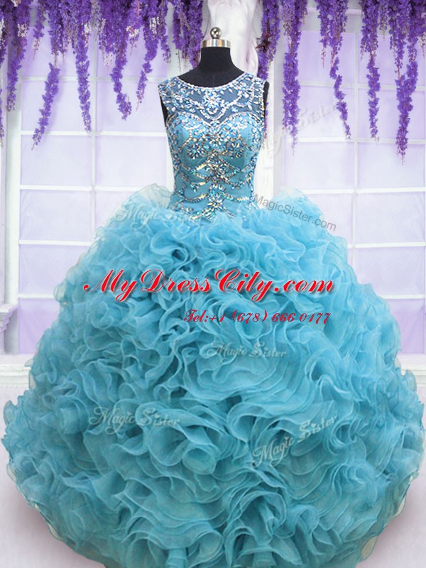 Custom Made Square Sleeveless Lace Up 15 Quinceanera Dress Baby Blue Organza