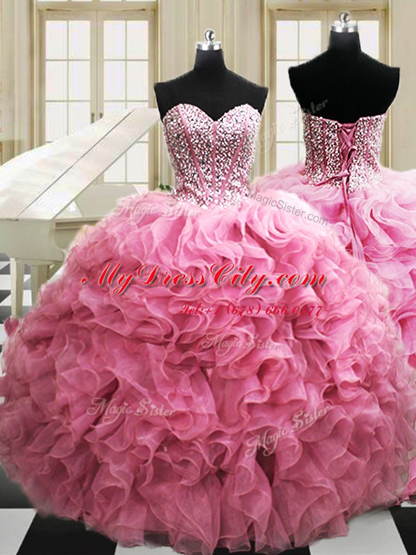 Sleeveless Organza Floor Length Lace Up Ball Gown Prom Dress in Rose Pink with Beading and Ruffles