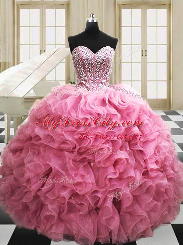 Sleeveless Organza Floor Length Lace Up Ball Gown Prom Dress in Rose Pink with Beading and Ruffles