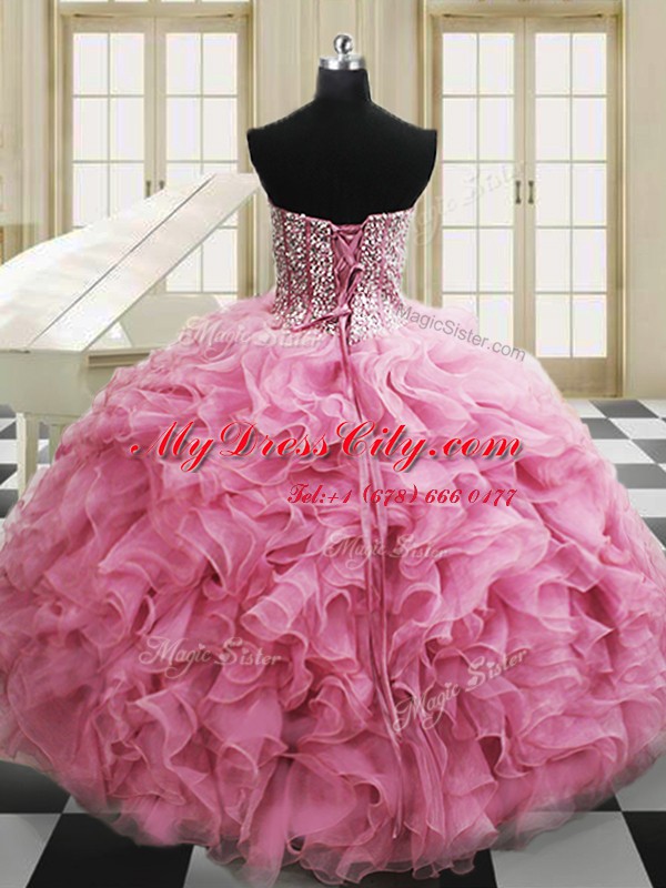 Sleeveless Organza Floor Length Lace Up Ball Gown Prom Dress in Rose Pink with Beading and Ruffles