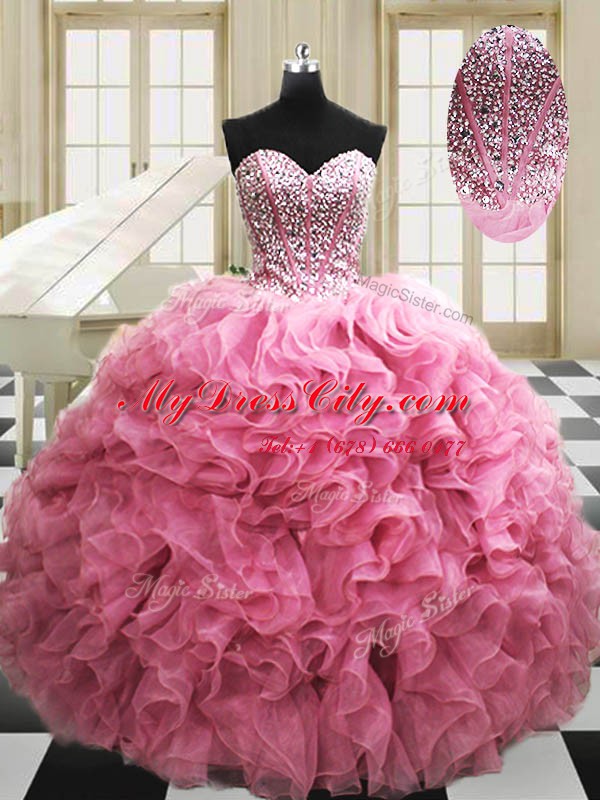 Sleeveless Organza Floor Length Lace Up Ball Gown Prom Dress in Rose Pink with Beading and Ruffles