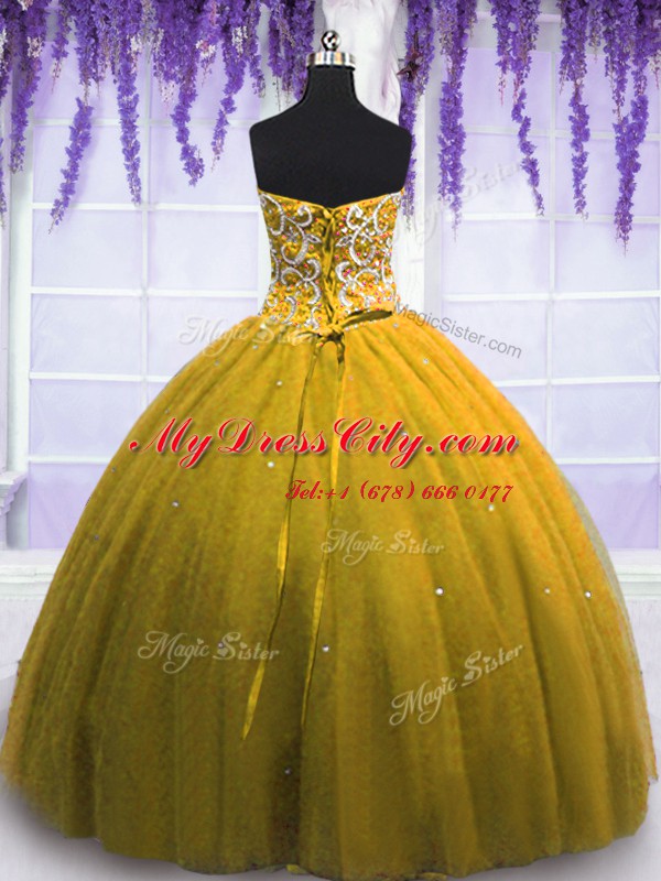 Brown Lace Up Vestidos de Quinceanera Beading Sleeveless Floor Length