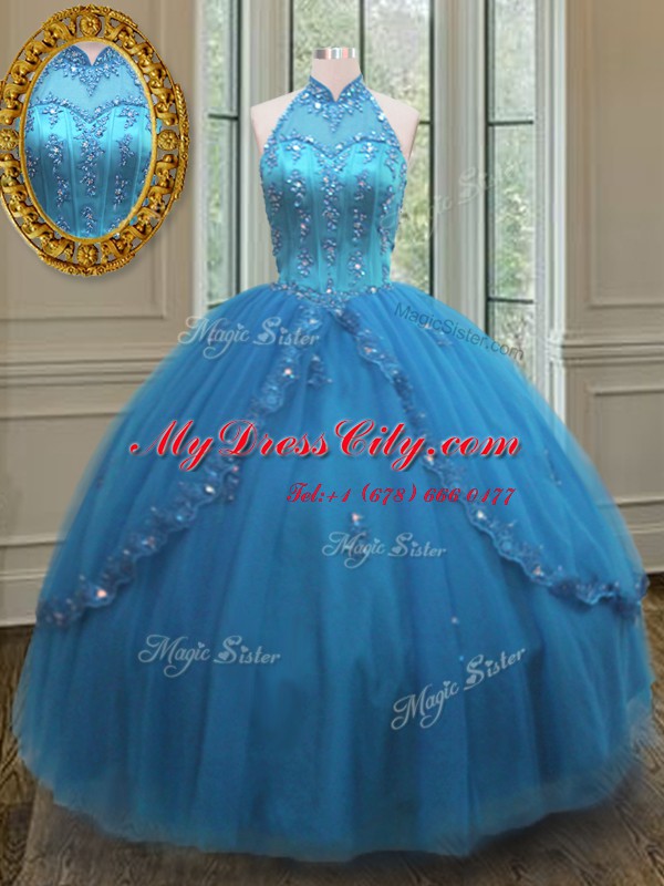 Lovely Blue Tulle Lace Up High-neck Sleeveless Floor Length Sweet 16 Dress Beading and Appliques