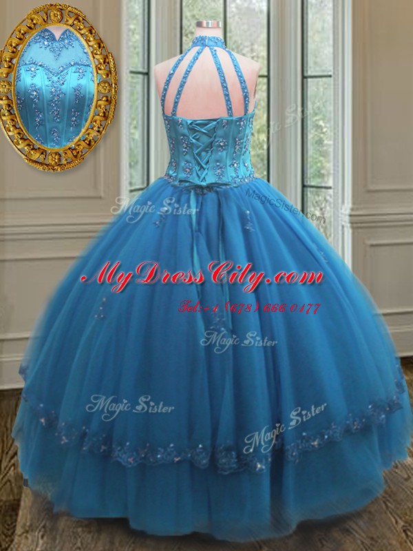 Lovely Blue Tulle Lace Up High-neck Sleeveless Floor Length Sweet 16 Dress Beading and Appliques