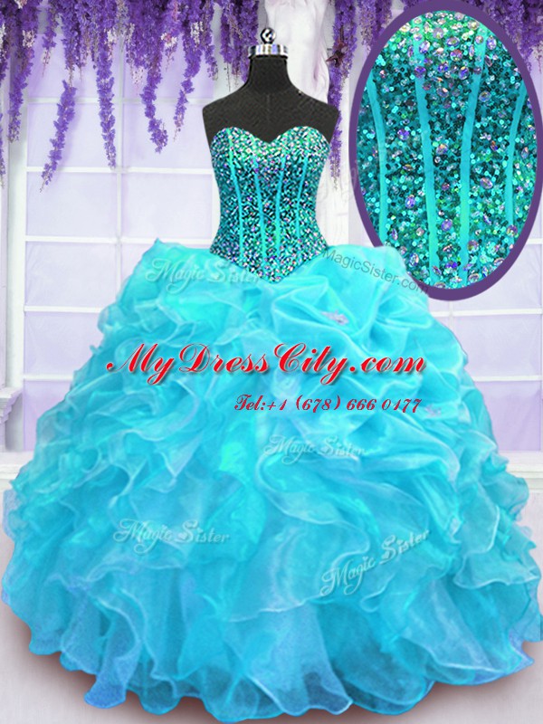 Exquisite Organza Sweetheart Sleeveless Lace Up Beading and Ruffles and Pick Ups Sweet 16 Dress in Aqua Blue