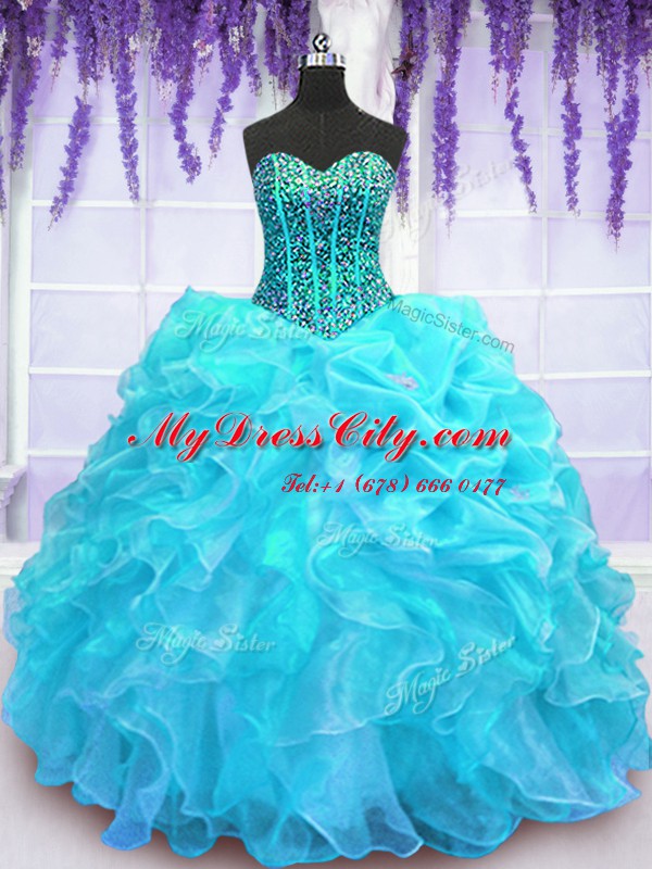 Exquisite Organza Sweetheart Sleeveless Lace Up Beading and Ruffles and Pick Ups Sweet 16 Dress in Aqua Blue