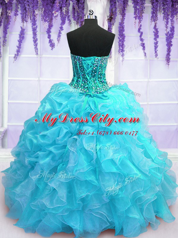 Exquisite Organza Sweetheart Sleeveless Lace Up Beading and Ruffles and Pick Ups Sweet 16 Dress in Aqua Blue