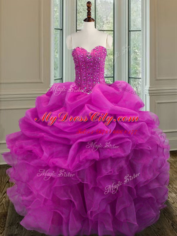 Custom Design Floor Length Fuchsia Quinceanera Dress Organza Sleeveless Beading and Ruffles