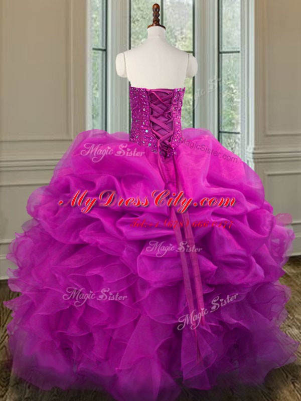 Custom Design Floor Length Fuchsia Quinceanera Dress Organza Sleeveless Beading and Ruffles