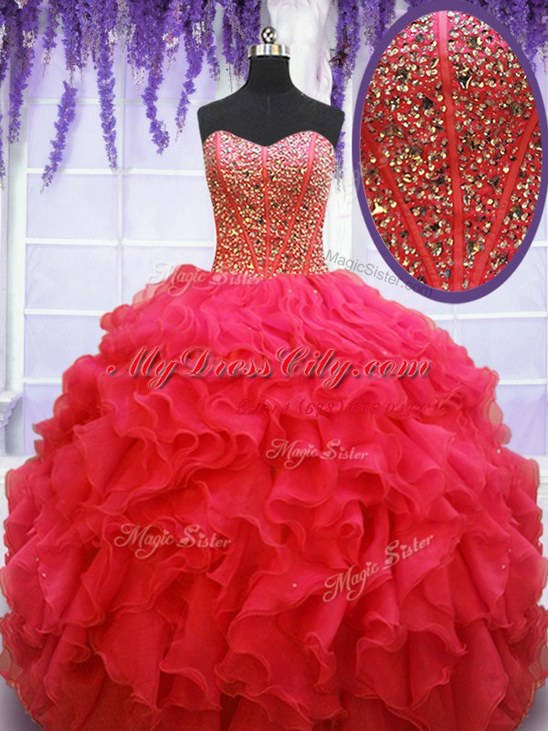 Luxurious Coral Red Lace Up Sweet 16 Dress Beading and Ruffles Sleeveless Floor Length