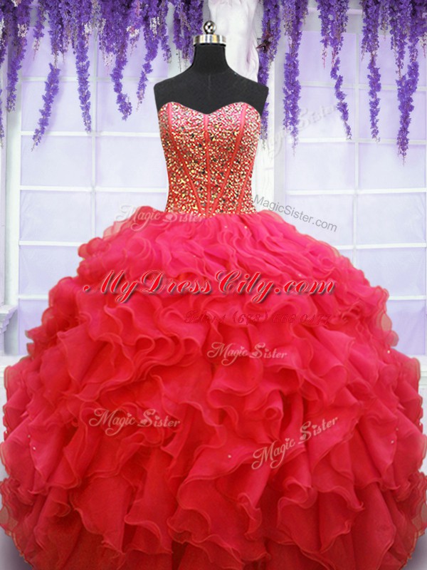 Luxurious Coral Red Lace Up Sweet 16 Dress Beading and Ruffles Sleeveless Floor Length