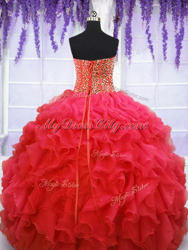 Luxurious Coral Red Lace Up Sweet 16 Dress Beading and Ruffles Sleeveless Floor Length