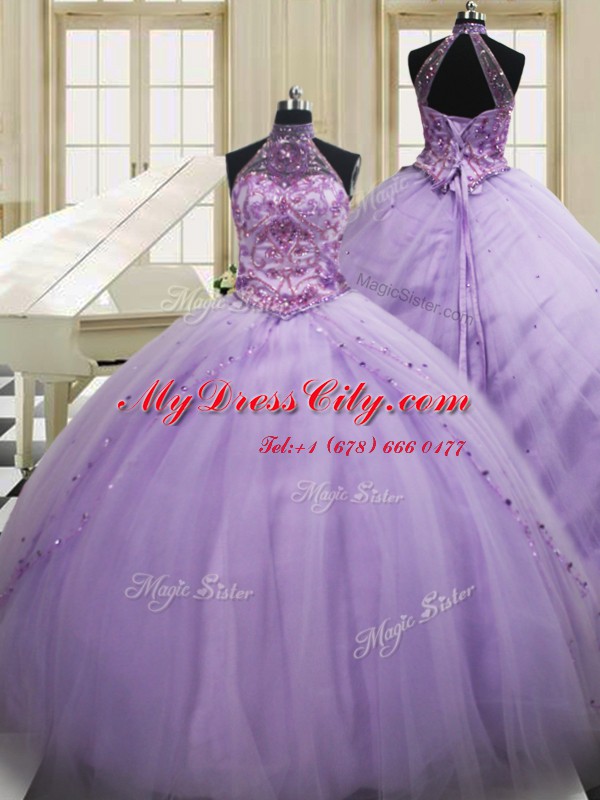 Halter Top Sleeveless Tulle Sweep Train Lace Up Quince Ball Gowns in Lavender with Beading and Embroidery