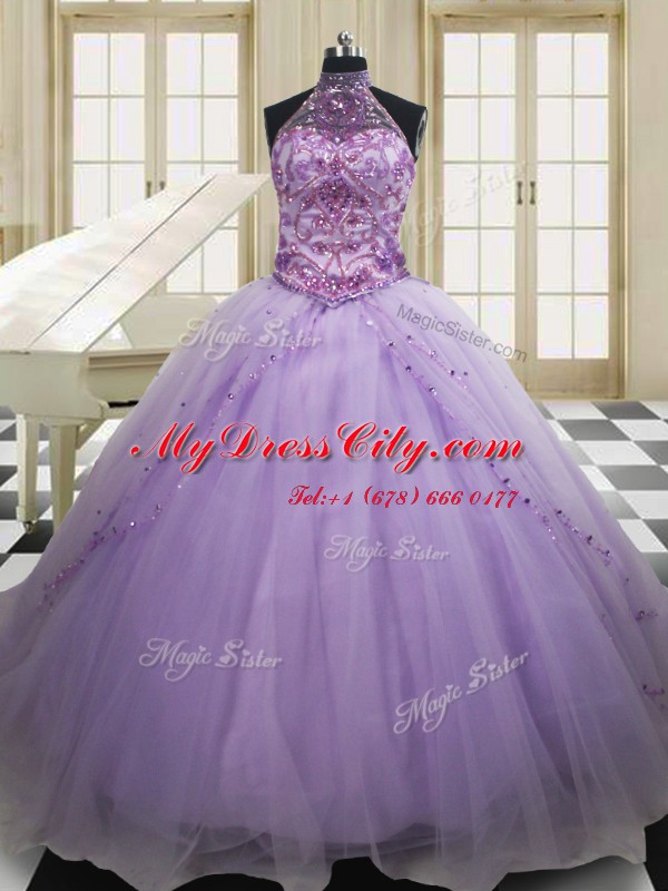 Halter Top Sleeveless Tulle Sweep Train Lace Up Quince Ball Gowns in Lavender with Beading and Embroidery