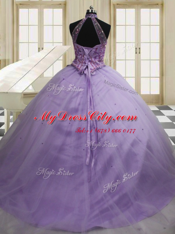 Halter Top Sleeveless Tulle Sweep Train Lace Up Quince Ball Gowns in Lavender with Beading and Embroidery