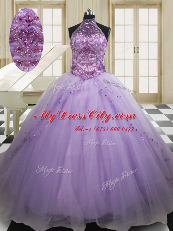 Halter Top Sleeveless Tulle Sweep Train Lace Up Quince Ball Gowns in Lavender with Beading and Embroidery