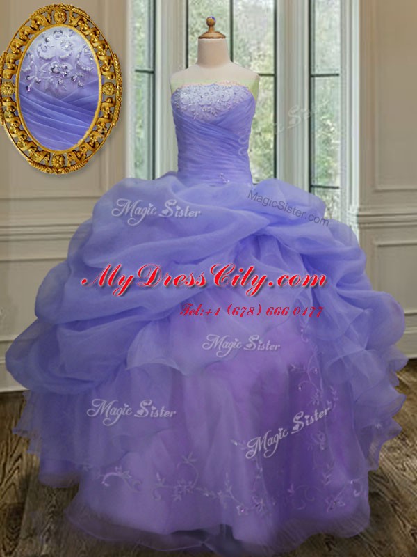 Superior Lavender 15th Birthday Dress Military Ball and Sweet 16 and Quinceanera and For with Embroidery and Pick Ups Strapless Sleeveless Lace Up