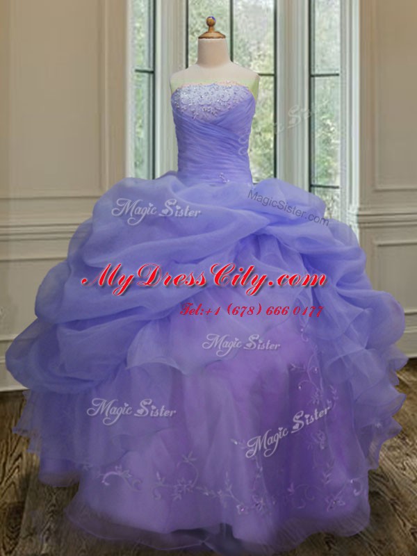 Superior Lavender 15th Birthday Dress Military Ball and Sweet 16 and Quinceanera and For with Embroidery and Pick Ups Strapless Sleeveless Lace Up