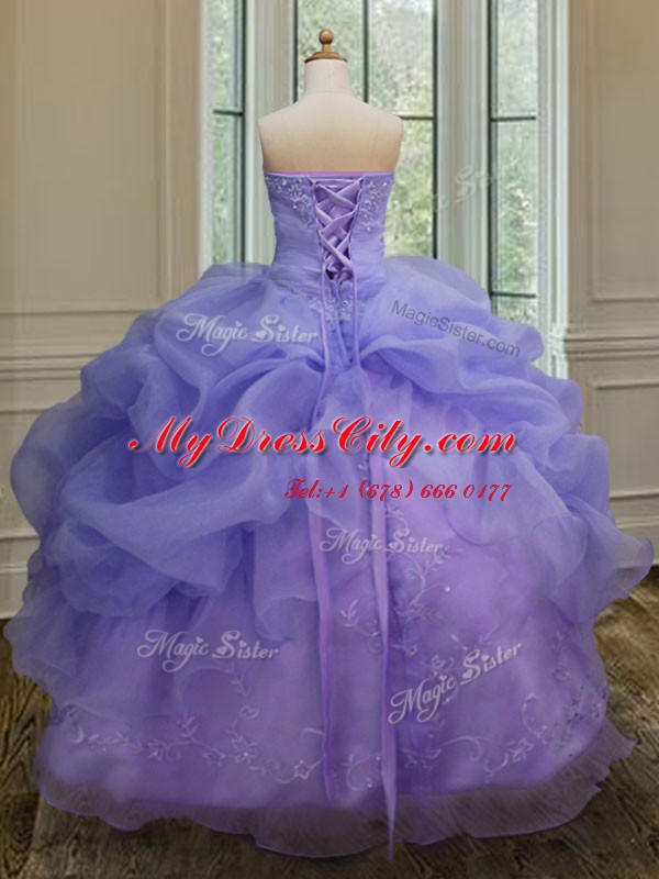 Superior Lavender 15th Birthday Dress Military Ball and Sweet 16 and Quinceanera and For with Embroidery and Pick Ups Strapless Sleeveless Lace Up