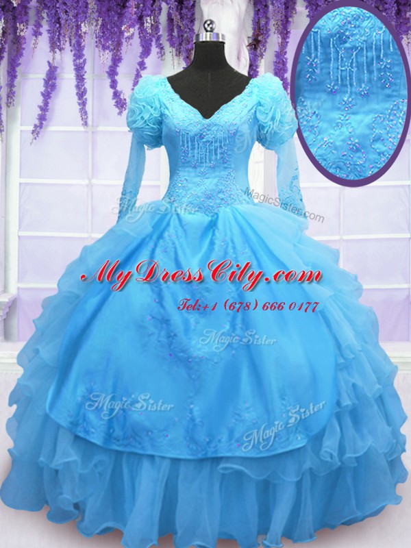 Floor Length Ball Gowns Long Sleeves Baby Blue Quince Ball Gowns Lace Up