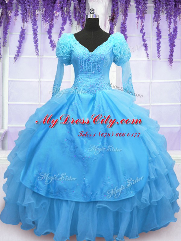 Floor Length Ball Gowns Long Sleeves Baby Blue Quince Ball Gowns Lace Up