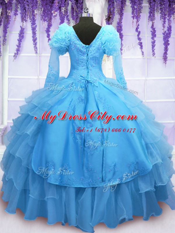 Floor Length Ball Gowns Long Sleeves Baby Blue Quince Ball Gowns Lace Up