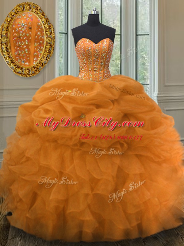 Sweet Floor Length Lace Up Quinceanera Dress Orange for Military Ball and Sweet 16 and Quinceanera with Beading and Ruffles and Pick Ups