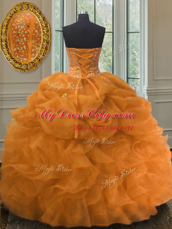 Sweet Floor Length Lace Up Quinceanera Dress Orange for Military Ball and Sweet 16 and Quinceanera with Beading and Ruffles and Pick Ups