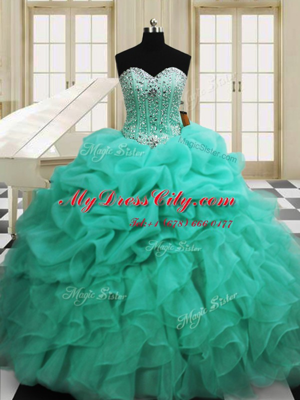 Graceful Apple Green Lace Up Sweetheart Beading and Pick Ups 15 Quinceanera Dress Organza Sleeveless