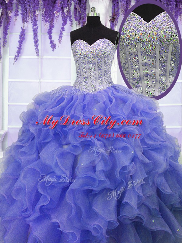 Purple Sweetheart Neckline Ruffles and Sequins Sweet 16 Dresses Sleeveless Lace Up