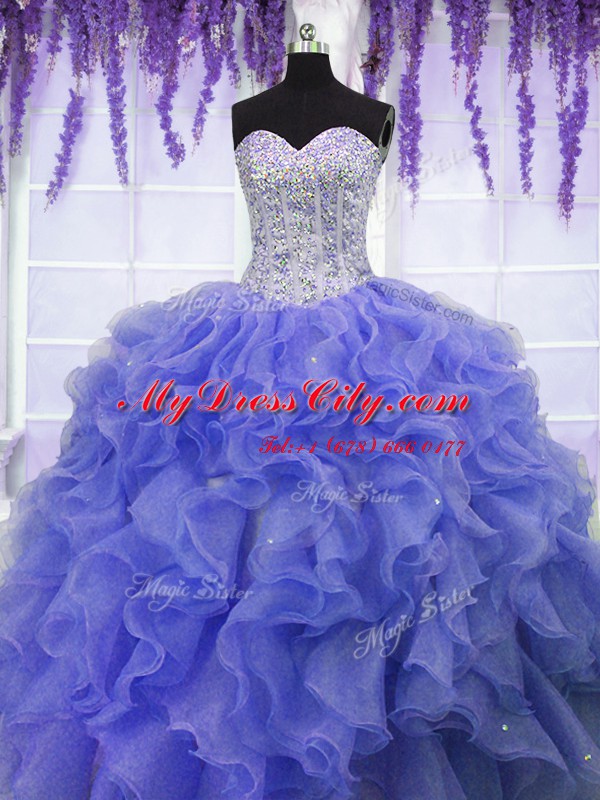 Purple Sweetheart Neckline Ruffles and Sequins Sweet 16 Dresses Sleeveless Lace Up