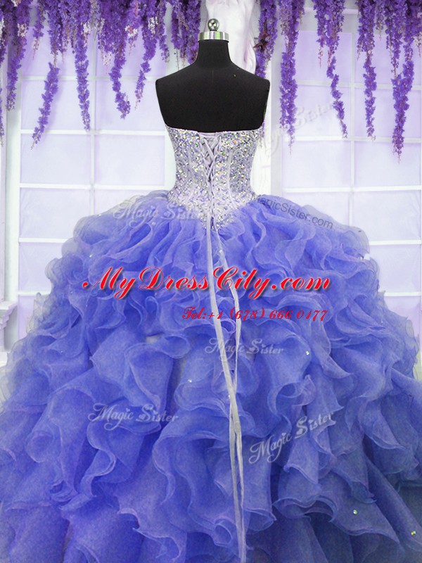 Purple Sweetheart Neckline Ruffles and Sequins Sweet 16 Dresses Sleeveless Lace Up