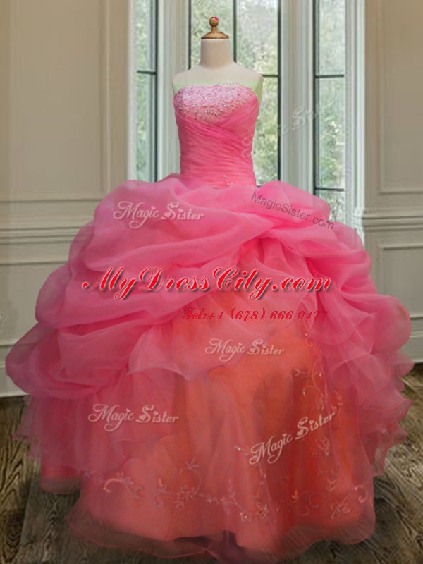 Sleeveless Embroidery and Pick Ups Lace Up 15 Quinceanera Dress