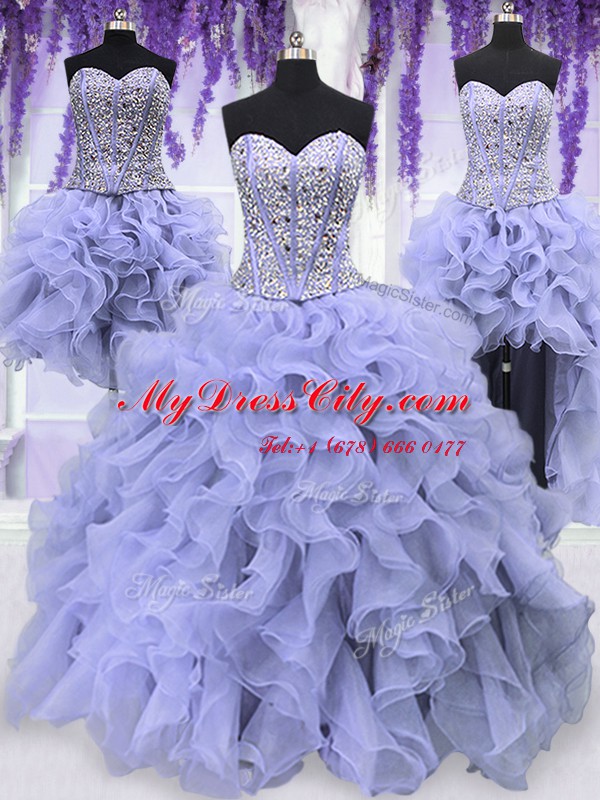 Best Four Piece Sequins Floor Length Ball Gowns Sleeveless Lavender Sweet 16 Quinceanera Dress Lace Up