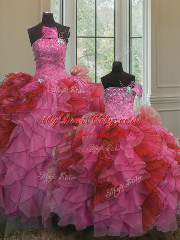 Gorgeous Multi-color Ball Gowns Strapless Sleeveless Organza Floor Length Lace Up Beading and Ruffles Vestidos de Quinceanera