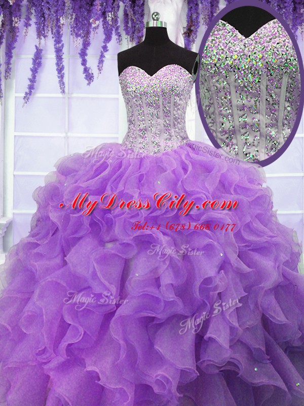 Luxurious Sleeveless Floor Length Ruffles and Sequins Lace Up 15 Quinceanera Dress with Lavender