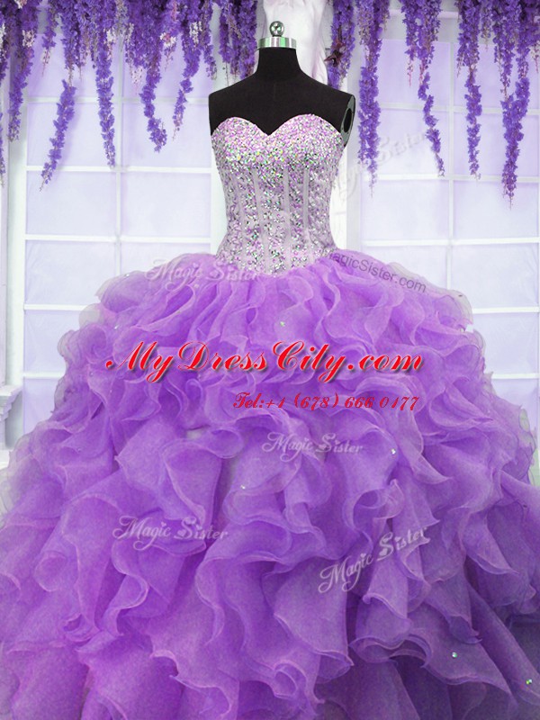 Luxurious Sleeveless Floor Length Ruffles and Sequins Lace Up 15 Quinceanera Dress with Lavender