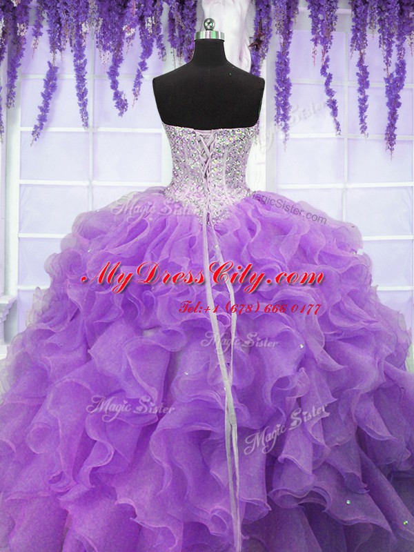 Luxurious Sleeveless Floor Length Ruffles and Sequins Lace Up 15 Quinceanera Dress with Lavender