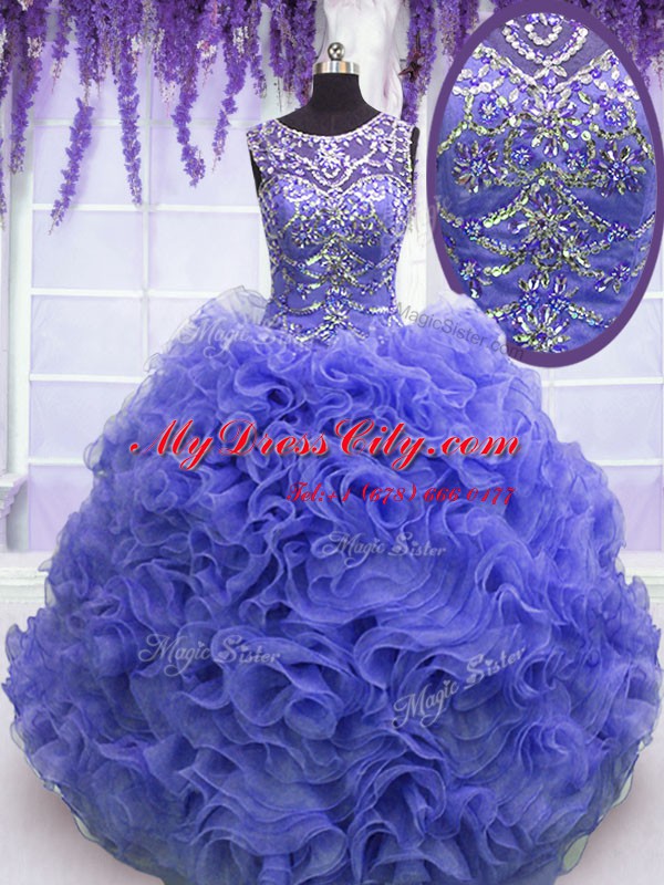 Fine Scoop Purple Organza Lace Up Ball Gown Prom Dress Sleeveless Floor Length Beading and Ruffles