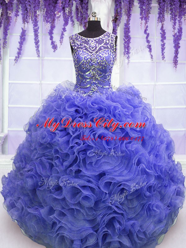 Fine Scoop Purple Organza Lace Up Ball Gown Prom Dress Sleeveless Floor Length Beading and Ruffles