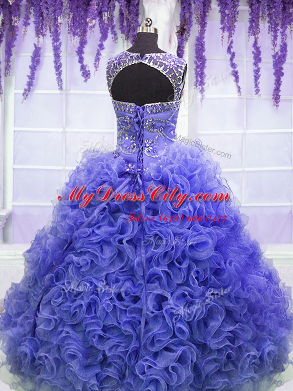 Fine Scoop Purple Organza Lace Up Ball Gown Prom Dress Sleeveless Floor Length Beading and Ruffles