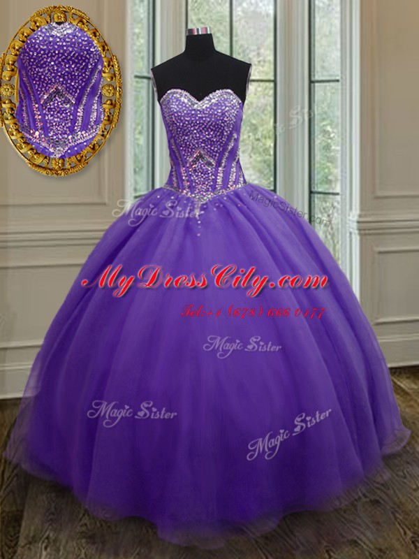 Super Sleeveless Organza Floor Length Lace Up Quinceanera Gown in Eggplant Purple with Beading