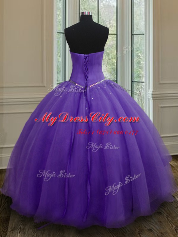 Super Sleeveless Organza Floor Length Lace Up Quinceanera Gown in Eggplant Purple with Beading