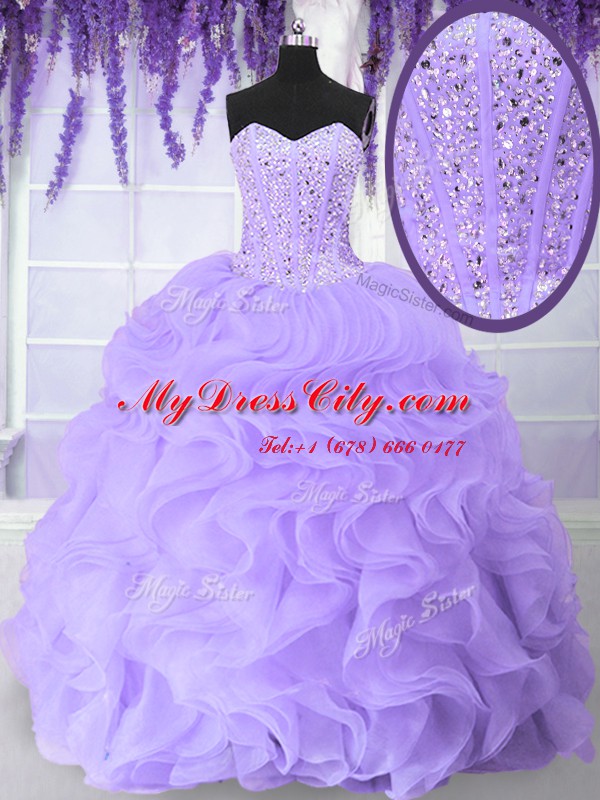 Lavender Lace Up Sweetheart Beading and Ruffles Quinceanera Gowns Organza Sleeveless