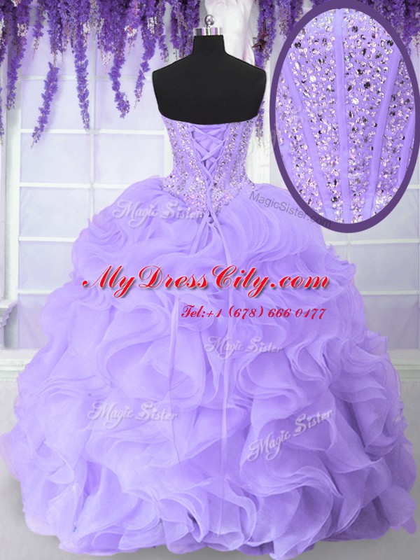 Lavender Lace Up Sweetheart Beading and Ruffles Quinceanera Gowns Organza Sleeveless